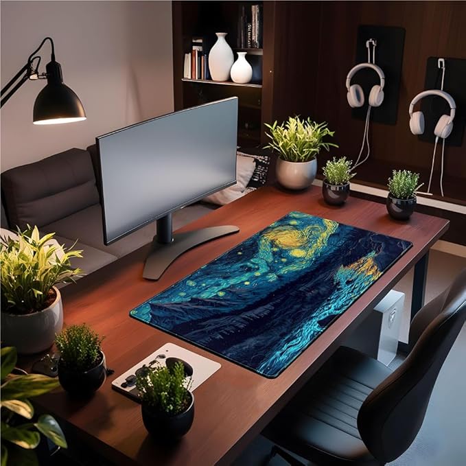 Misty Forest Desk Pad Mat Vincent Van Gogh XL Mouse Pad Gaming Playmat Large Mousepad XXL Desk Laptop Pad Equipped with Waterproof Storage Bag Non-Slip Stitched Edges (31.5x15.7 in)