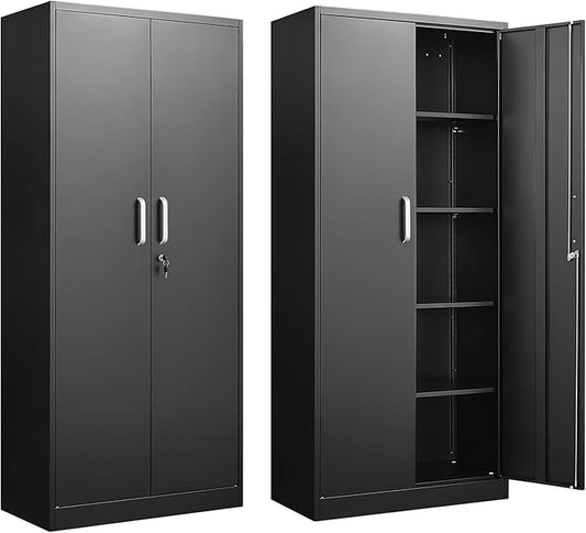 Metal Storage Cabinet with Adjustable Shelves, Garage Cabinet with 2 Lockable Doors, Garage Storage Cabinet, Kitchen Pantry Cabinet - 71'H, Black