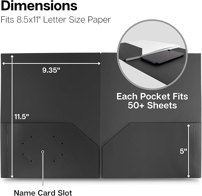 Dunwell Plastic Folders with Pockets (Black, 3 Pack), 2 Pocket Poly Folders for School, Home or Office, Durable Acid-Free Poly, Includes Removable Adhesive Labels