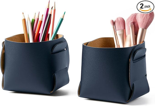 HOMIEAZICOZI 2-Pack Cork Leather Desk Accessories Storage - Pencil Pen Holder - Makeup Brush Holder Organizer - Stylish Addition to Home Decor (Dark Blue)