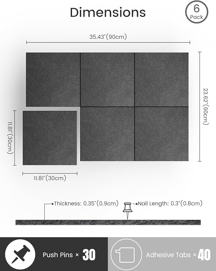 Bumusty Large Cork Board 36"x24" Alternative - 6 Pack Felt Wall Tiles with 40 Safe Removable Adhesive Tabs, 30 Pushpins, Cork Boards for Walls Pin Board Bulletin Board Office Decor (Charcoal Gray)