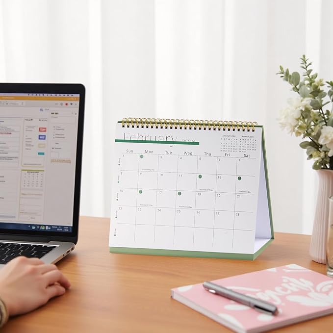 Desk Calendar 2025-2026,July 2025 to Dec 2026 18 Months Standing Flip Desk Calendar with Stickers,10" x 8" Desktop Calendar for Home Office School,Green