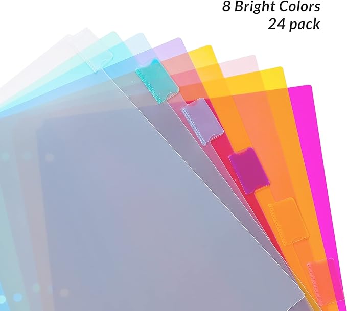 Seashell 3 Sets 8-Tab Plastic Binder Dividers, 8 Tab Insertable Index Dividers for 3 Ring Binders, Letter Size, Durable, Assorted Colors, School Subject Binder Organizers