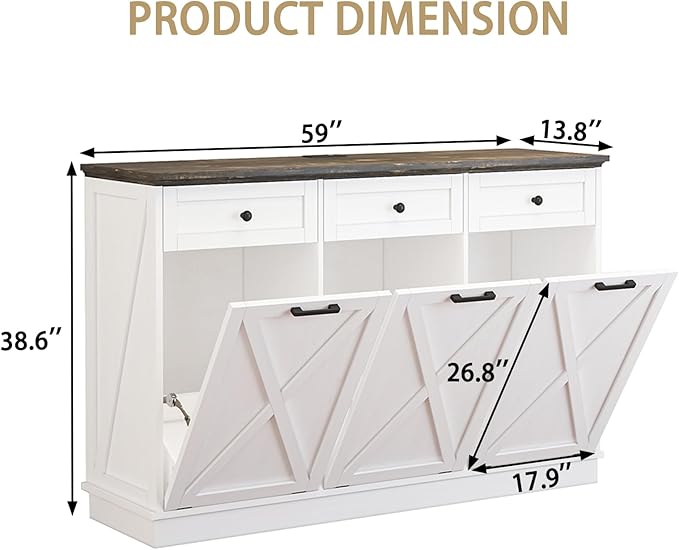 Farmhouse Tilt Out Trash Cabinet, Triple 13 Gallon Wooden Kitchen Trash Can Cabinet with Hideaway Drawer, Freestanding Garbage Recycling Cabinets, Pet Proof, Power Outlets, 59 Inch, White