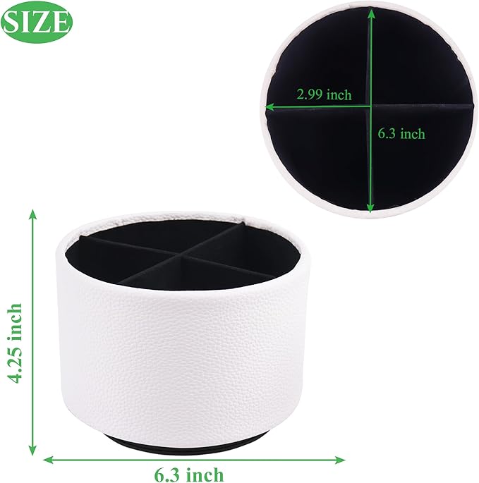 Hennaja Round Leather Art Supply Organizer,Remote Control Holder,360 Degree Spinning,Multi-Functional Pencil Holder,4 Compartments Desktop Stationary Organizer(1-Lichee White)