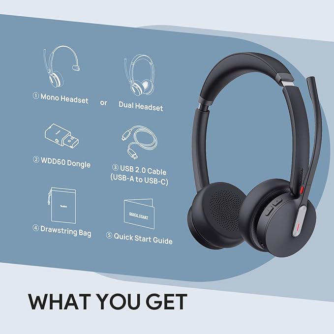 Yealink WH64 Hybrid Mono Wireless Headset with DECT Dongle, 492ft Range,Teams Zoom,Skype, UC Bluetooth Single On Ear Headphones with 3X Noise Cancelling Mic, 26H Talk Time, Office PC, Computer, Phone