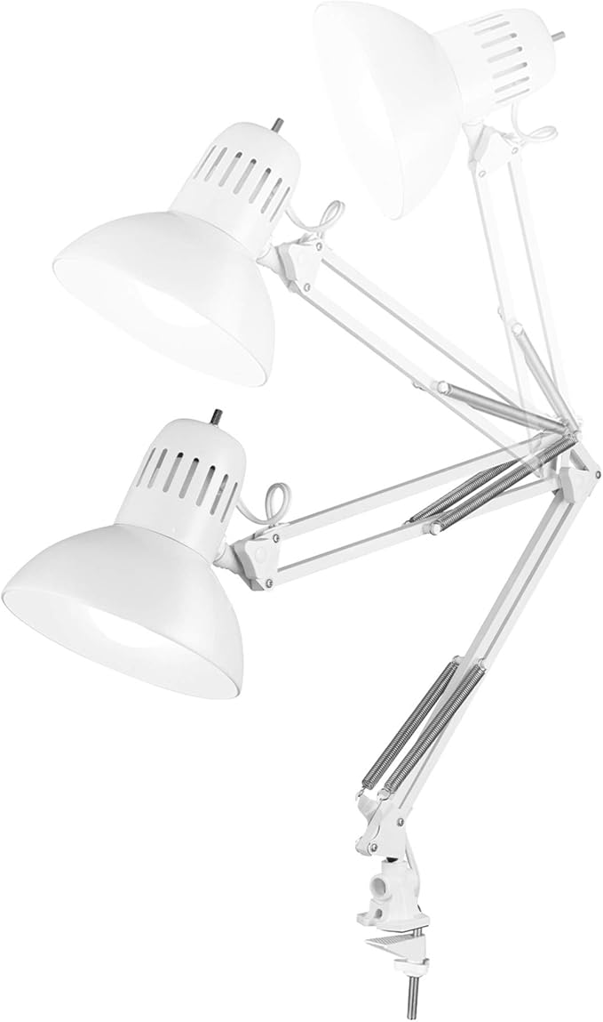 GLOBE Electric 52847 31.5 Inch Swing Arm Clamp-On White Desk Lamp with Nickel Accents, On/Off Rotary Switch, Book Reading Light, Home Essentials, Office Décor, LED Bulb Compatible