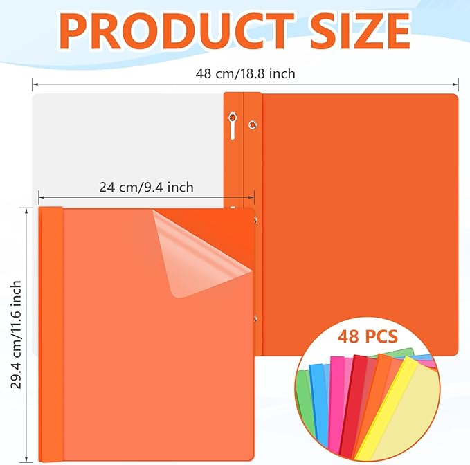 48 Pack Plastic Report Covers with 3 Prongs Presentation Folders Bulk, 100 Sheet Capacity, Clear Front Report Covers for Presentation Document Paper School Office Supplies (Bright Colors)
