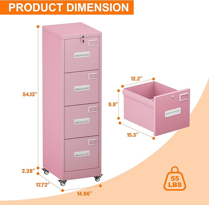 Aobabo 56" H 4 Drawer Moblie Office File Cabinet with Lock, Rolling Metal Filing Storage Cabinet, Legal/Letter A4 Size, Pink, Assembly Required
