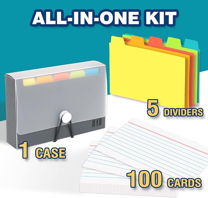 H4D 3x5 Index Card Case with 100 Heavyweight Ruled Index Cards and Dividers, Black