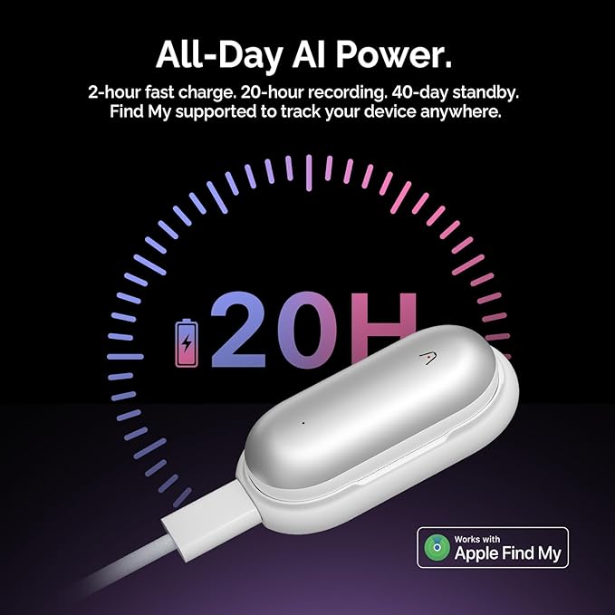 NotePin Voice Recorder, AI Voice Recorder, App Control, AI Notetaker, AI Transcribe & Summarize, Support 112 Languages, 64GB Memory, Audio Recorder for Lectures, Meetings, Lunar Silver