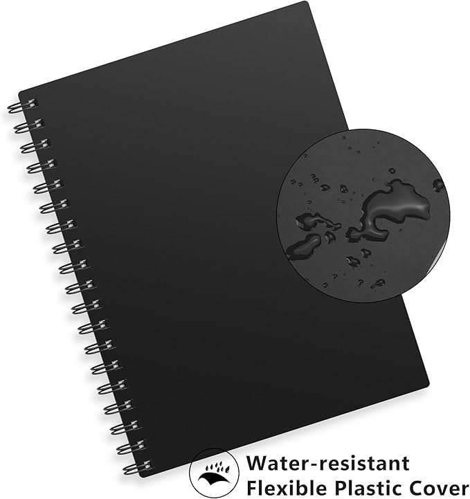RETTACY Spiral College Ruled Notebook, 300 Pages, B5 Medium Size (7.4" x 10"), for School, Work, Writing, Journaling, 100 GSM Thick Paper, Flexible Plastic Cover (Black)