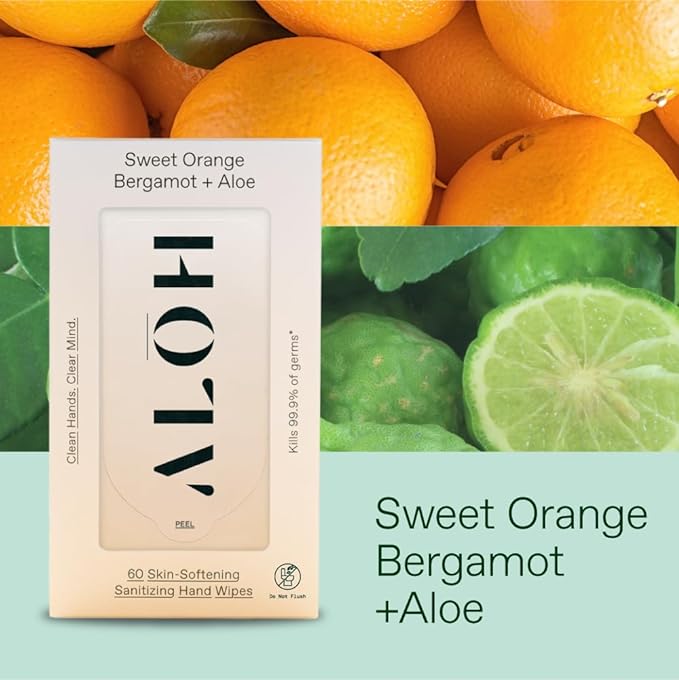 ALŌH Sweet Orange Bergamot + Aloe Sanitizing Hand Wipes - Clean Hands, Clear Mind - On The Go Hand Sanitizer Wipes for Kids and Adults - Travel Size 6 Packs 20ct Wipes (120 wipes)
