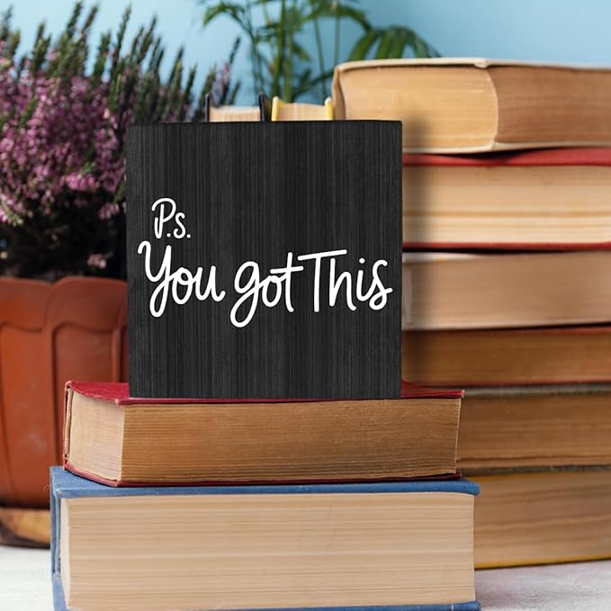 HEYBIG Office Inspirational Desktop Decor, Encouraging Gifts for Men And Women For Home Office Room Desk Shelf Cubicle Wooden SignDecorations 5.1 x 5.1 inch