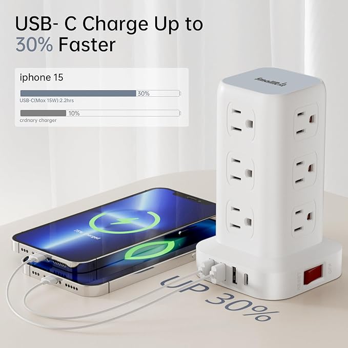 Surge Protector Power Strip Tower with Flat Plug, 10FT Ultra Thin Extension Cord with Multiple Outlets (1 USB-C), 1020J Protection，Desk Charging Station for Office, Dorm Room Essentials
