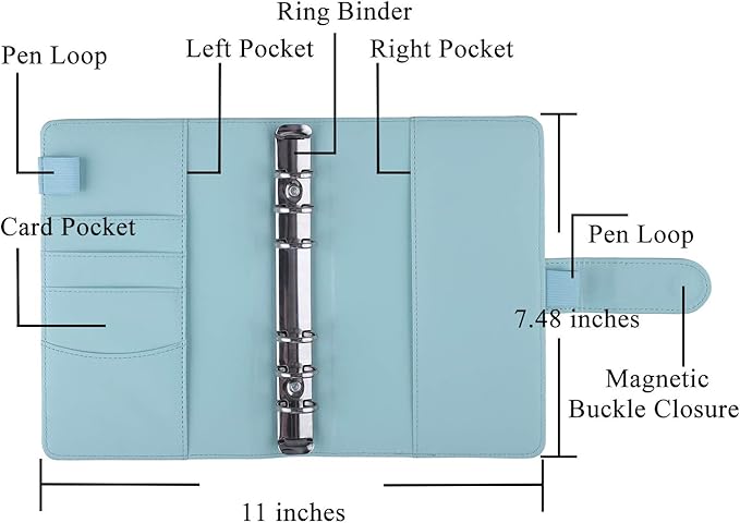 Antner A6 Budget Binder with Zipper Cash Envelopes for Money Organizer & Budgeting, PU Budget Planner Money Saving Binder with Cash Stuffing Envelopes & Labels for Home Office Travel, Mint Blue