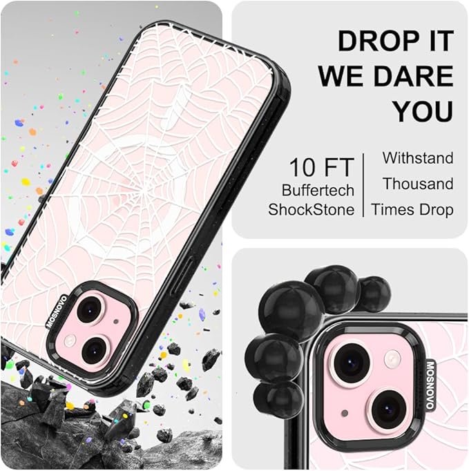 MOSNOVO Magnetic Case for iPhone 15, 10ft Military-Grade Protection, Compatible with Magsafe, Shockproof Phone Case for iPhone 15 - Spider Web - Clear Black
