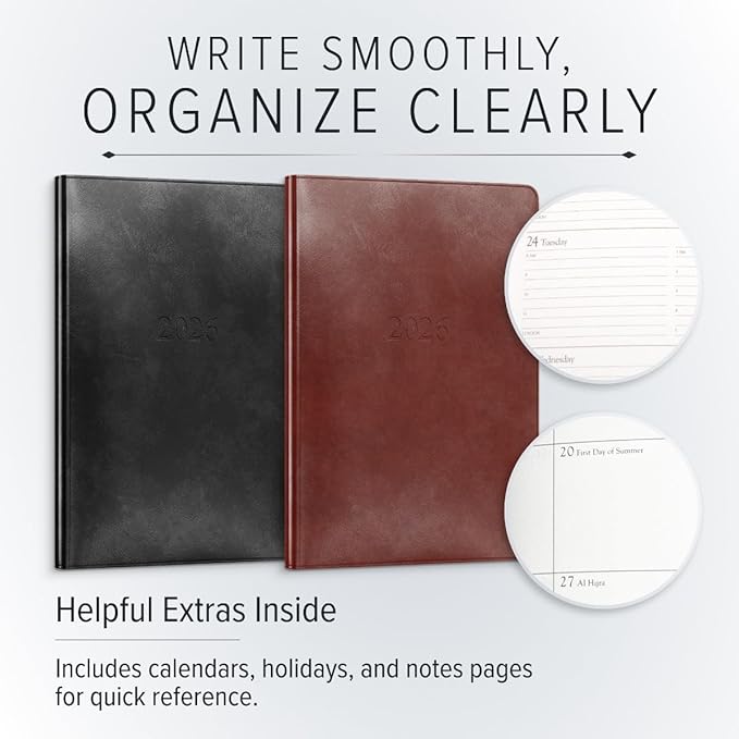Gallery Leather Desk Hourly Weekly Monthly Planner 2025-2026, Elegantly Bound Calendar Planner and Notebook with Stylish Gold-Gilded Page Edges, 12 Months - Acadia Deep Red - 8 x 5.5 "