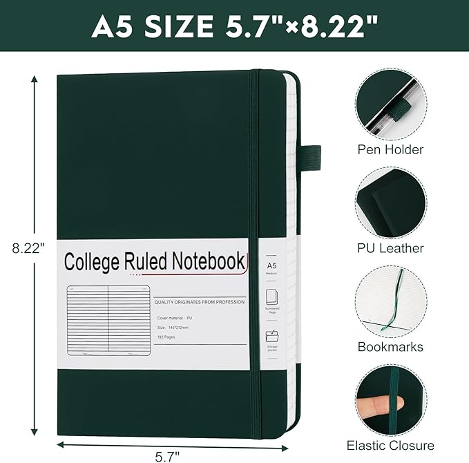 A5 Lined Journal Notebooks for Work, 192 Pages, Medium 5.7 x 8.3inch, College Ruled, Vegan Leather Hardcover Journals for Women Men,1 Pack