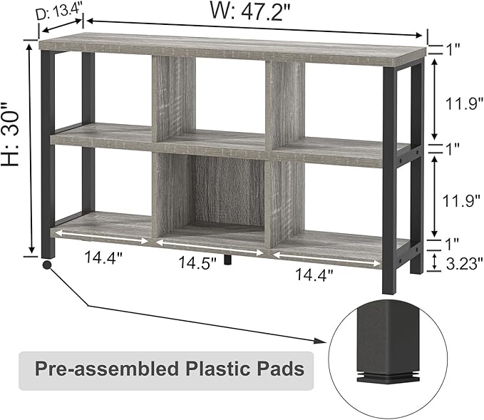 FOLUBAN 6 Cube Storage Organizer with Shelf, Industrial Horizontal Low Cubby Bookcase, Wood and Metal Bookshelf for Living Room Bedroom (Light Grey, 47 Inch)