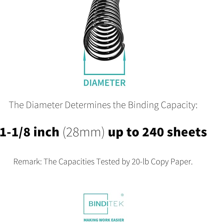 Binditek 50 Pack Plastic Spiral Binding Coils, 28mm (1-1/8"), 240 Sheet Capacity, 4:1 Pitch, Black, 48 Loops, for Letter Size, for Students and Coworkers