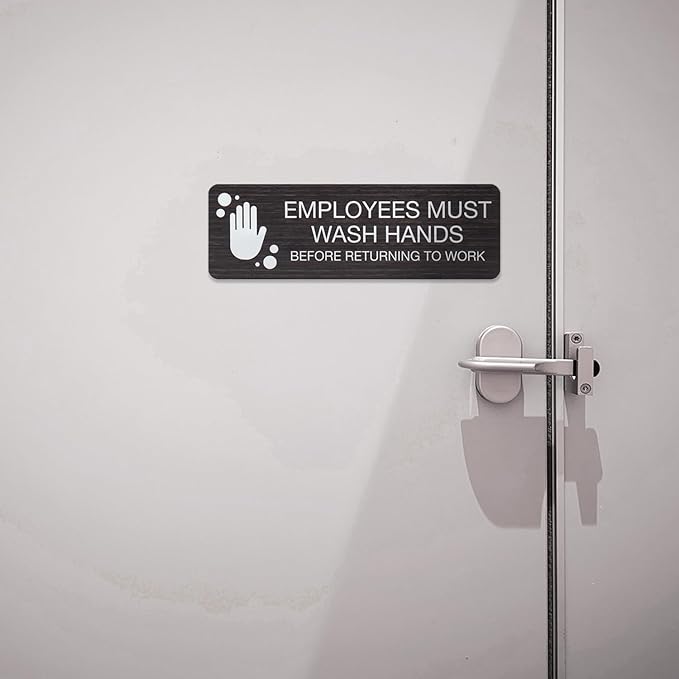 SBLABELS Employees Must Wash Hands Indoor Easy Adhesive Mount Door and Wall Sign for Restaurants and Small Businesses 3" x 9" - Dark Wood