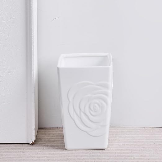 White Ceramic Rose Small Bathroom Trash Can 2.5 Gal (9 Liter), Heavy Small Kitchen Garbage Bin, Living Room Bedroom Corner Trash Can, Decorative Wastebasket for Outdoor Garden, Home Office,Hotel Motel