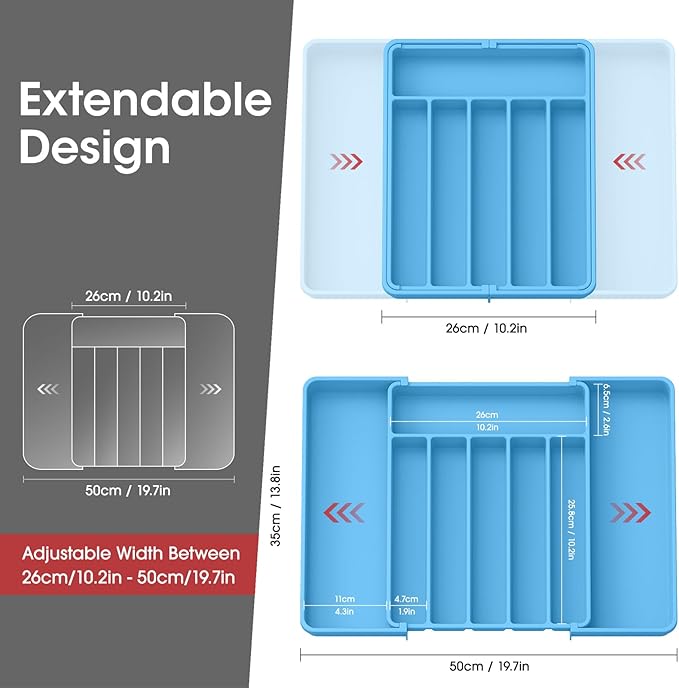Aujen Silverware Organizer - Expandable Kitchen Drawer Organizer, Adjustable Utensil Organizer, Cutlery Tray for Forks, Knives, Multipurpose Kitchen Organizers and Storage Solution, Dark Blue, Large