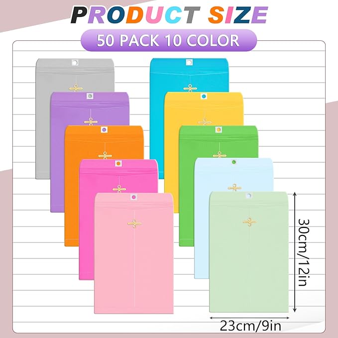 Geyee 50 Pcs 9 x 12 Inch Mixed Colors Manilla Clasp Envelopes Letter Size Mailing Envelopes with Clasp Closure for Filing Storing Documents Office Home Business School