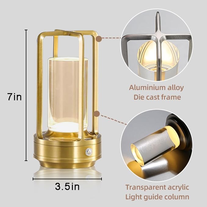 Crystal Table Lamp for Indoor and Outdoor, Rechargeable Cordless Lamp, 3-Colour 4000mAh Dimming Battery Powered Small Desk Lamp, Restaurant/Bedroom/Bar/Coffee Shop/Camping Light/nightlight-Gold