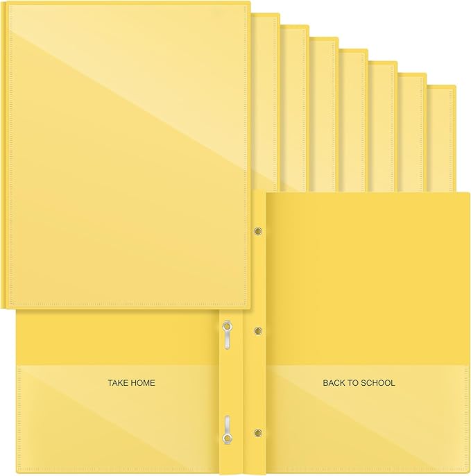 Henoyso 24 Pcs Plastic Folders with Clear Front Pocket and 3 Prong Take Home Plastic 2 Pocket Folder Back to School for Students Parent Teacher Communication for School Office (Yellow)