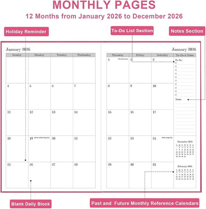 2026 Daily & Monthly Planner - 2026 Daily Planner One Page Per Day from January 2026 to December 2026, 5.8'' x 8.3'' Hourly Appointment Book Perfect Organizer Daily Life, Fabric Cover, Pink
