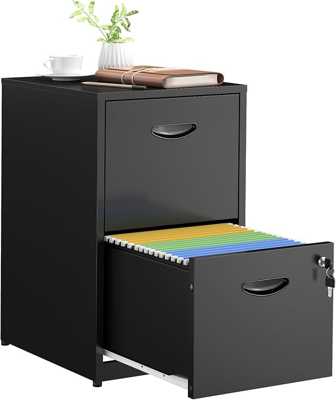 2 Drawer File Cabinets,Metal Office File Cabinet with Lock,Black Filing Cabinets for Home Office,Vertical Modern File Cabinet Office Two Drawers for Hanging Letter,Assembly Required