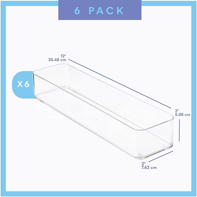 Plastic Clear Drawer Organizers. Bathroom, Kitchen, Bedroom, Gadgets, Office Organizer Bins, Storage Trays. Heavy Duty, Stackable. 12" x 3" x 2" Set of 6
