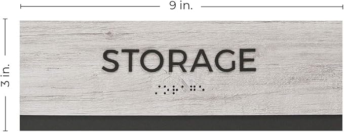 Storage Sign with Braille/Easy Adhesive Mount Door and Wall Sign for Small Businesses and Restaurants/ 3 x 9 inches/Silver Woodgrain