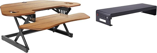 Rocelco 46" Height Adjustable Corner Standing Desk Converter with Dual Monitor Stand Bundle - Sit Stand Up Computer Workstation Riser - Extra Large Keyboard Tray - Teak Wood Grain (R CADRT-46-DMS)