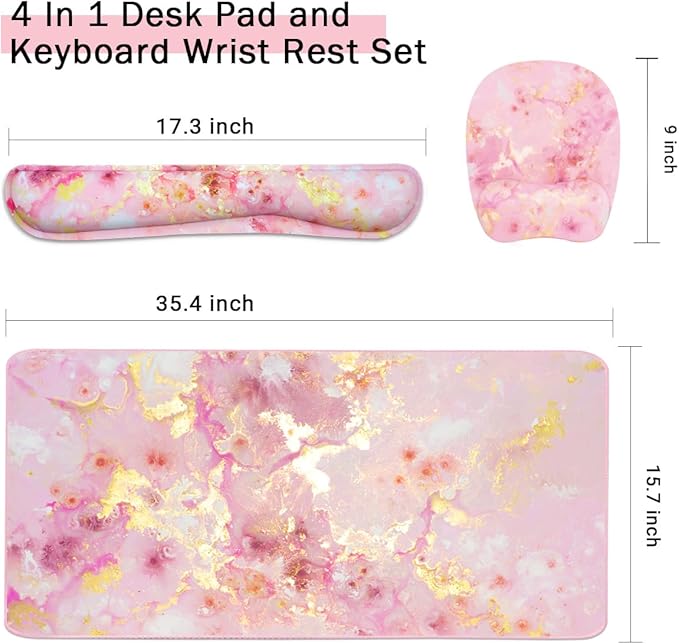 Keyboard Wrist Rest Large Mouse Pad Wrist Support for Computer, 4 in 1 Memory Foam Keyboard Pad Desk Mat Ergonomic Hand Rest Wrist Cushion for Home Office Gaming - Pink Gold