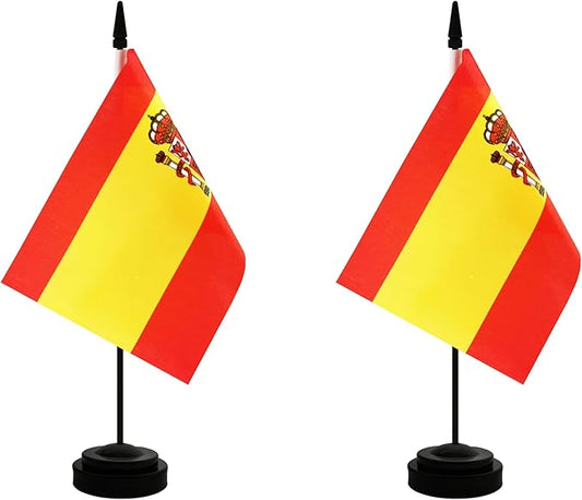 2 Pack Spain Desk Flag, Spanish Table Office Flag with Solid Pole and Stand Base, International Country Flag, Festival Celebration, Classroom Meeting Desktop Decoration (Spain)