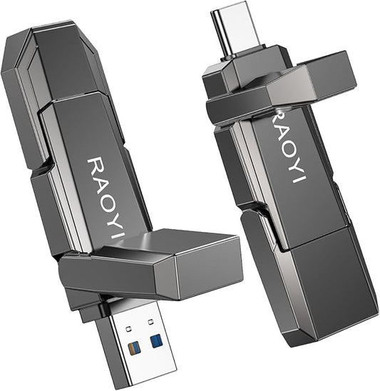 RAOYI 256GB USB C External SSD, 2-in-1 Solid State Drive Up to 450MB/s Dual USB 3.2 + Type-C Thumb Drive Portable SSD Drive for iPhone 15/16, Android, Tablet, PC and PS4