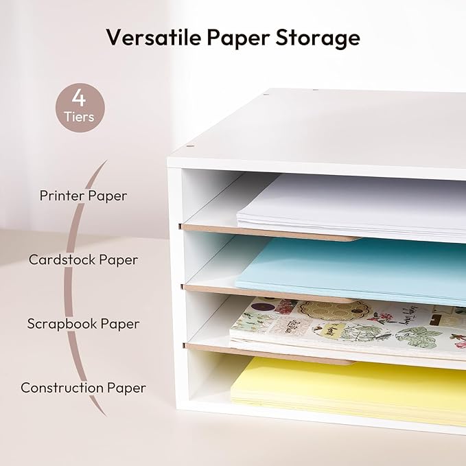 12x18 Construction Paper Organizer, 4-Tiers Paper Storage Shelf, Wooden Desk Organizer, File Holder and Letter Tray for Office, Home, Classroom