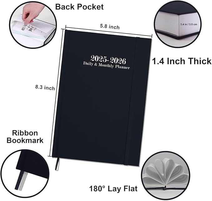 2025-2026 Daily & Monthly Planner - Daily Planner One Page Per Day from July 2025 to June 2026, 5.8'' x 8.3'' Hourly Appointment Book Perfect Organizer Daily Life, Fabric Cover, Black