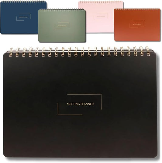 | Meeting Notebook for Work | 8.25" x 11.75" | Project Planner | Simple Design | Multiple Layouts | Office and Business Planner (Black, Meeting Planner - Landscape)