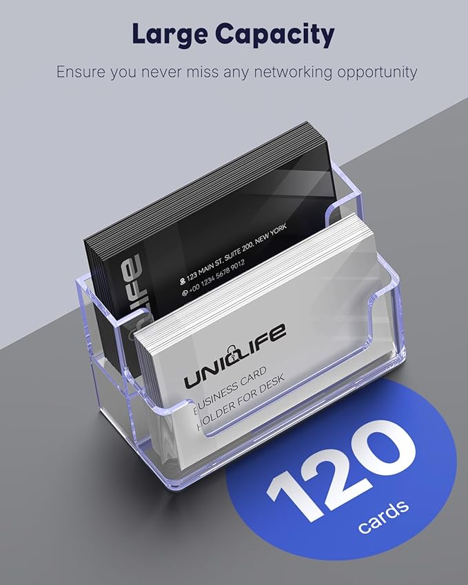 Uniclife 4 Pack Acrylic Business Card Holder for Desk 2 Slots Clear Business Card Display Stand for Men & Women Desktop Business Card Organizer Card Stand for Office Home Exhibition, 120 Card Capacity