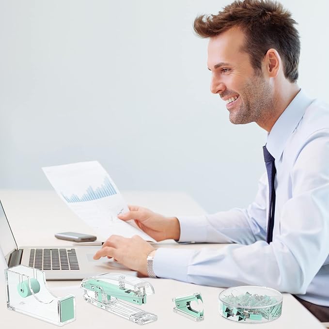 Office Supplies Set Desk Accessory Kit, Acrylic Stapler Set Staple Remover, Tape Dispenser, Binder Clips, Paper Clips, Ballpoint Pen and Scissor with 1000 Pieces 26/6 Staples (Green)