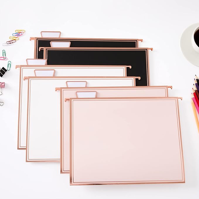 Y YOMA 6 Pack Rose Gold Hanging File Folders with Pocket Letter Size Decorative File Folder Cute Pretty Hanging Folder for Office Home School with 1/5-Cut Adjustable Tabs, Inner Storage Pockets