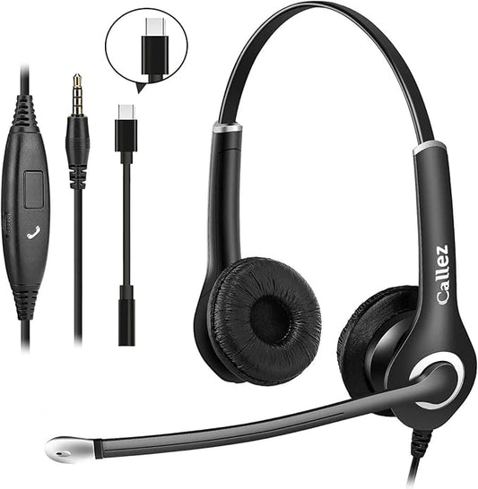 Callez Computer Headset, 3.5mm Cell Phone Headset with Mic Noise Cancelling, USB-C Wired Headphone for PC Laptop Mac iPhone Samsung Zoom Teams Call Center Home Office Work, in-line Controls