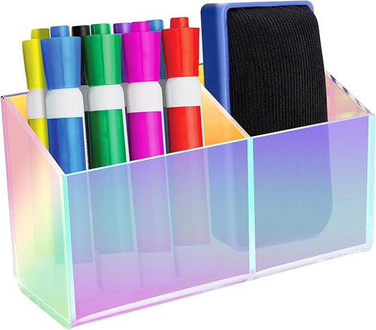 Magnetic Dry Erase Marker Holder for Whiteboard，Acrylic Magnetic Pen Holder for Fridge, 2 Compartments Whiteboard for Office, Home, Locker(Clear)-Colorful