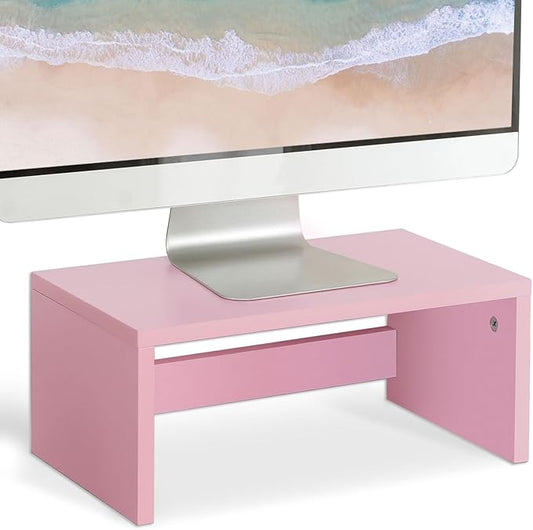 TEAMIX Pink Monitor Stand Riser-6.7 inch, Wood Higher Monitor Riser with Storage for Desk, Laptop Riser Computer PC Stand for Desktop Workspace Home Office(Pink-Higher)