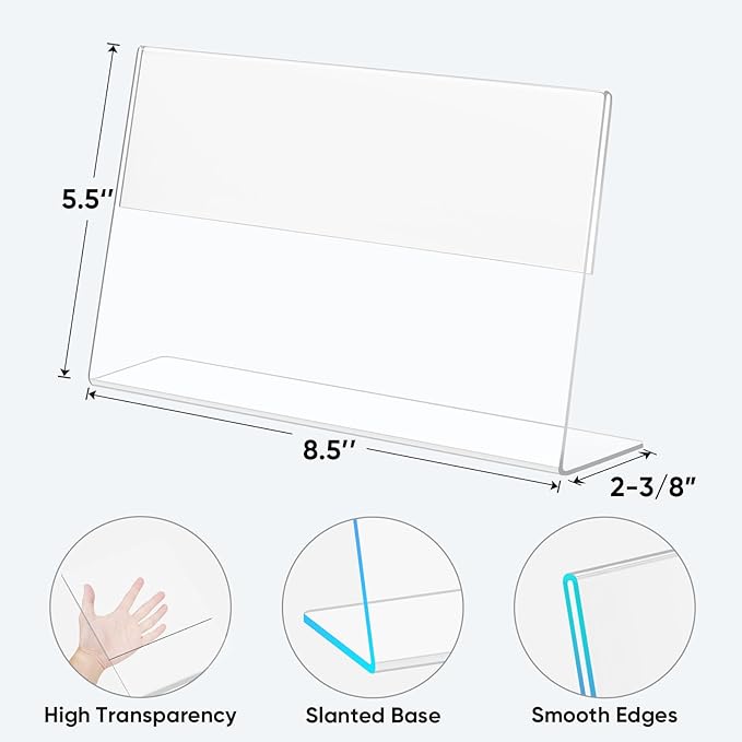 TICONN 8.5 x 5.5 Acrylic Sign Holder, L Shape Clear Sign Stand for Displaying, Plastic Paper Holder for Office, Store, Restaurant (Horizontal 3 Pack)