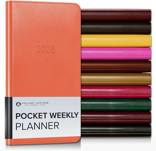 Gallery Leather Pocket Weekly Monthly Planner 2025-2026, Elegantly Bound Calendar Planner and Notebook with Stylish Gold-Gilded Page Edges, 12 Months - Caribbean Sunset - 6 x 3.25 "
